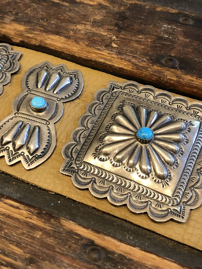 Susie James Navajo 925 Sterling Silver Leather Turquoise Concho Statement Belt