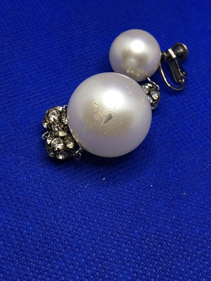 Vintage Richelieu Silver Tone Faux Pearl Rhinestone Statement Dangle Earrings