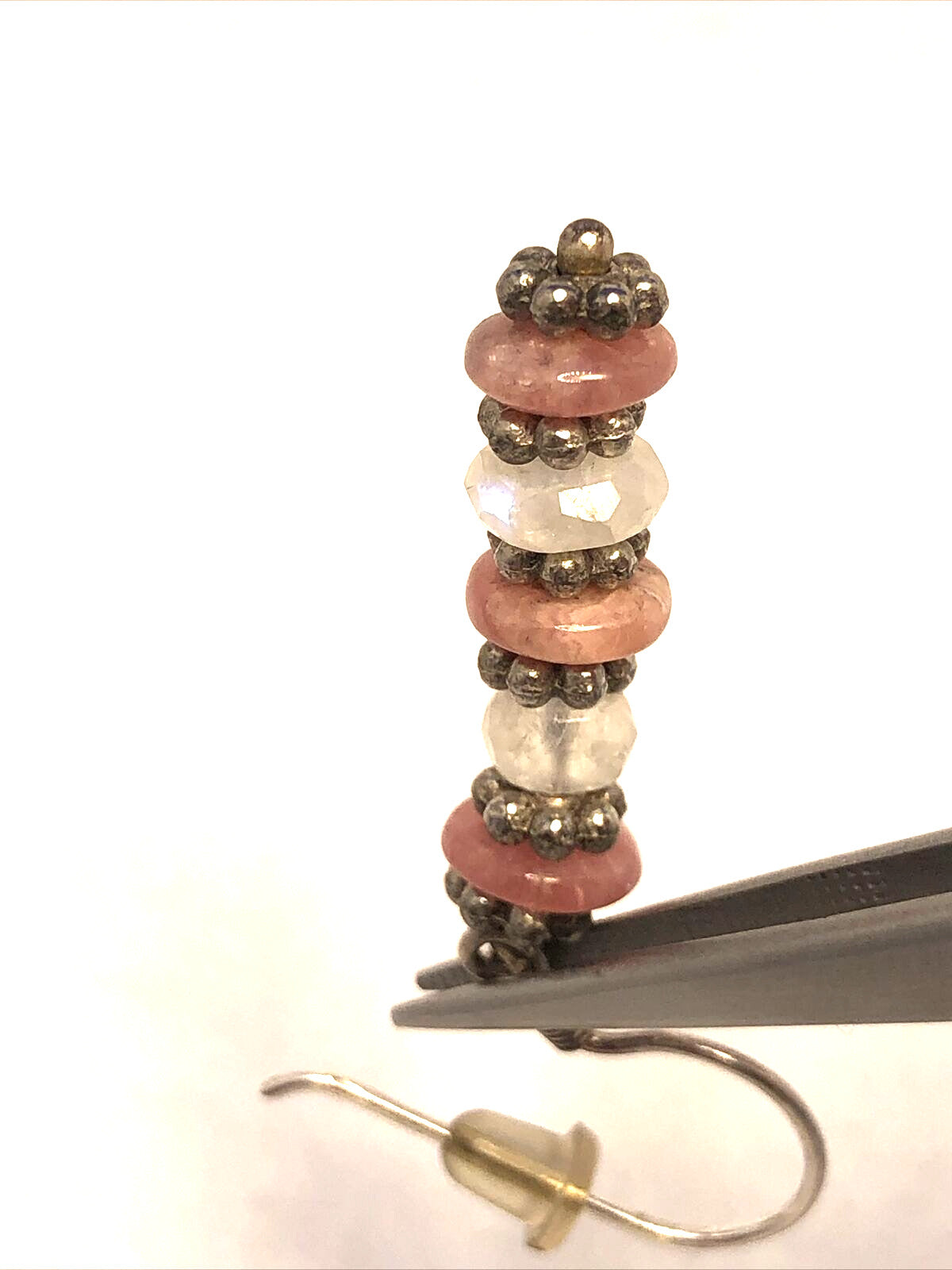Sterling Silver 925 Pink Rhodochrosite and Moonstone Beaded Hook Dangle Earrings
