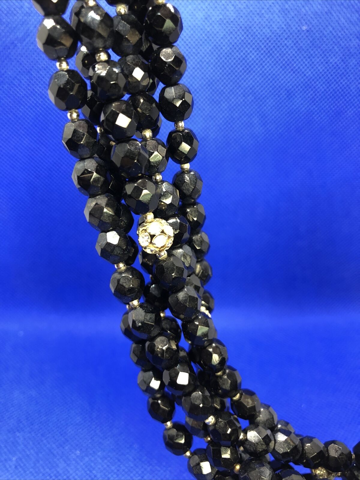 Mid Century Faceted Black Jet Round Rhinestone 6 Strand Layered Collar Necklace