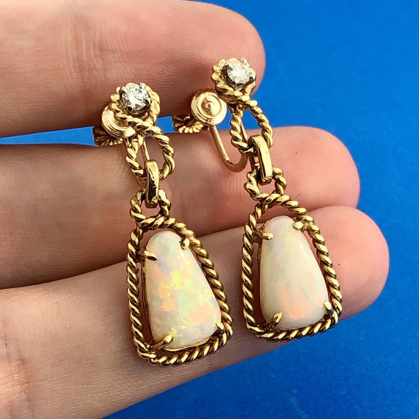 Estate 14K Yellow Gold Trillion Cut Opal Diamond Accent Drop Dangle Earrings