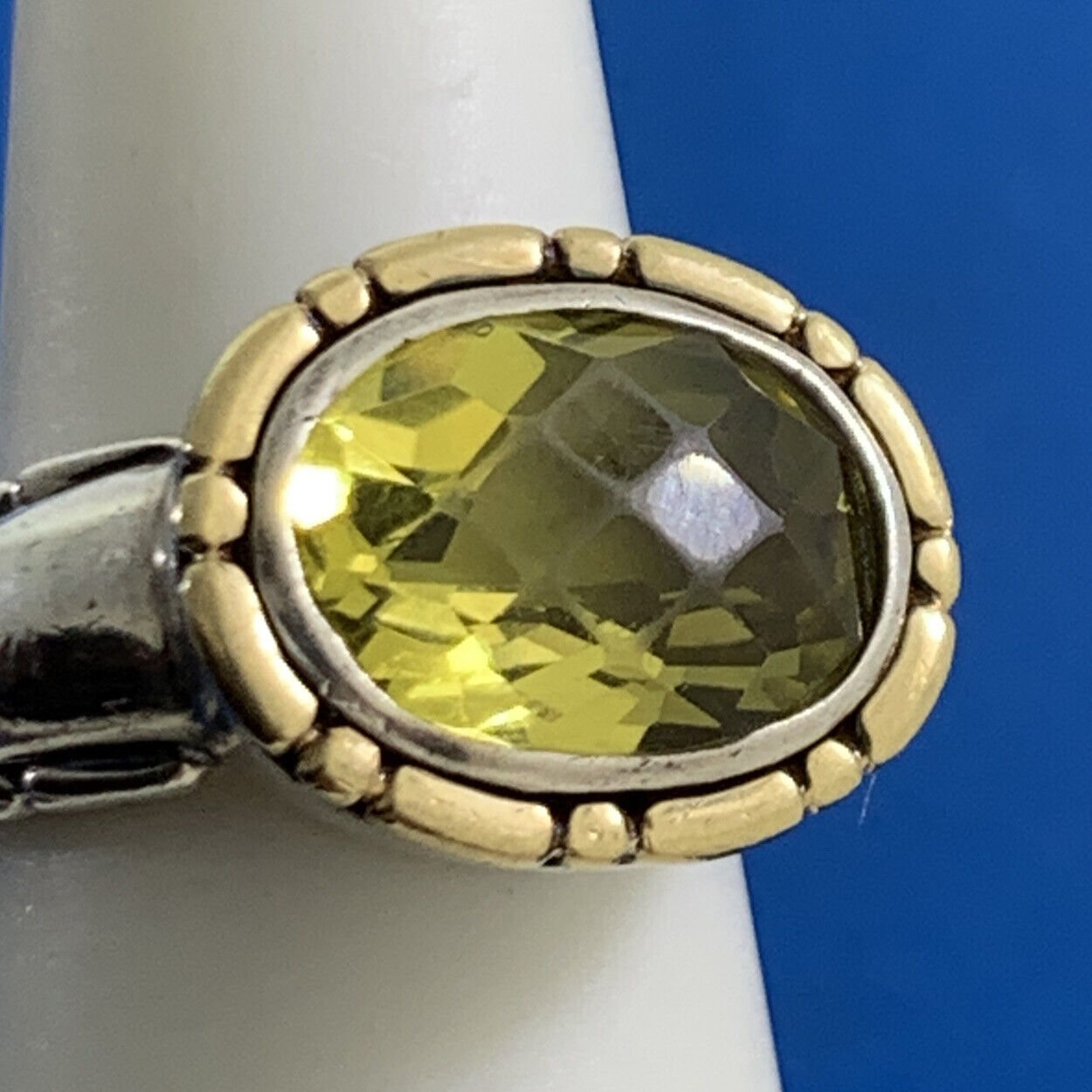 Designer Sterling Silver 18K Yellow Gold Oval Peridot Statement Cocktail Ring
