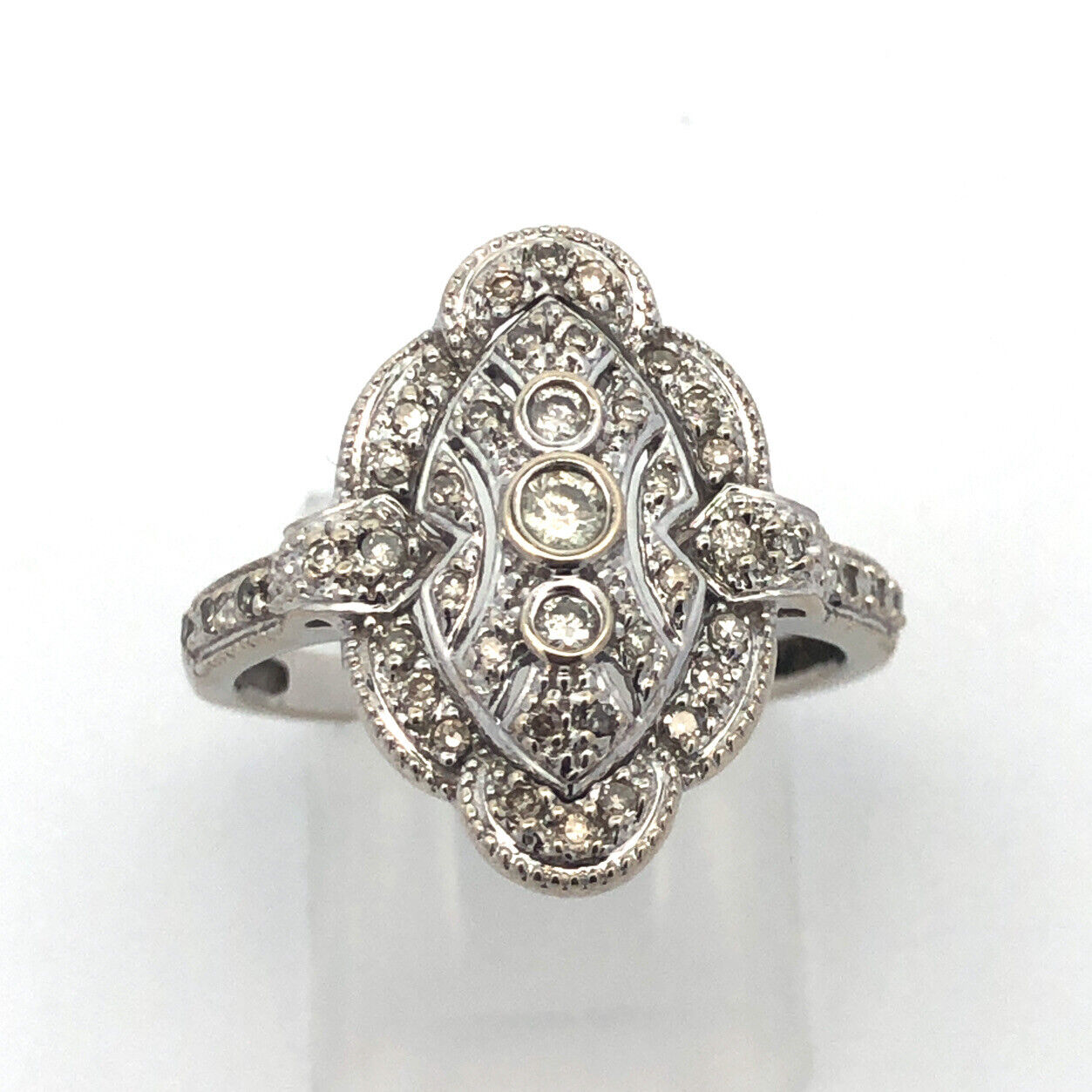 Art Deco Design 14K White Gold Round Diamond Oval Statement Ring