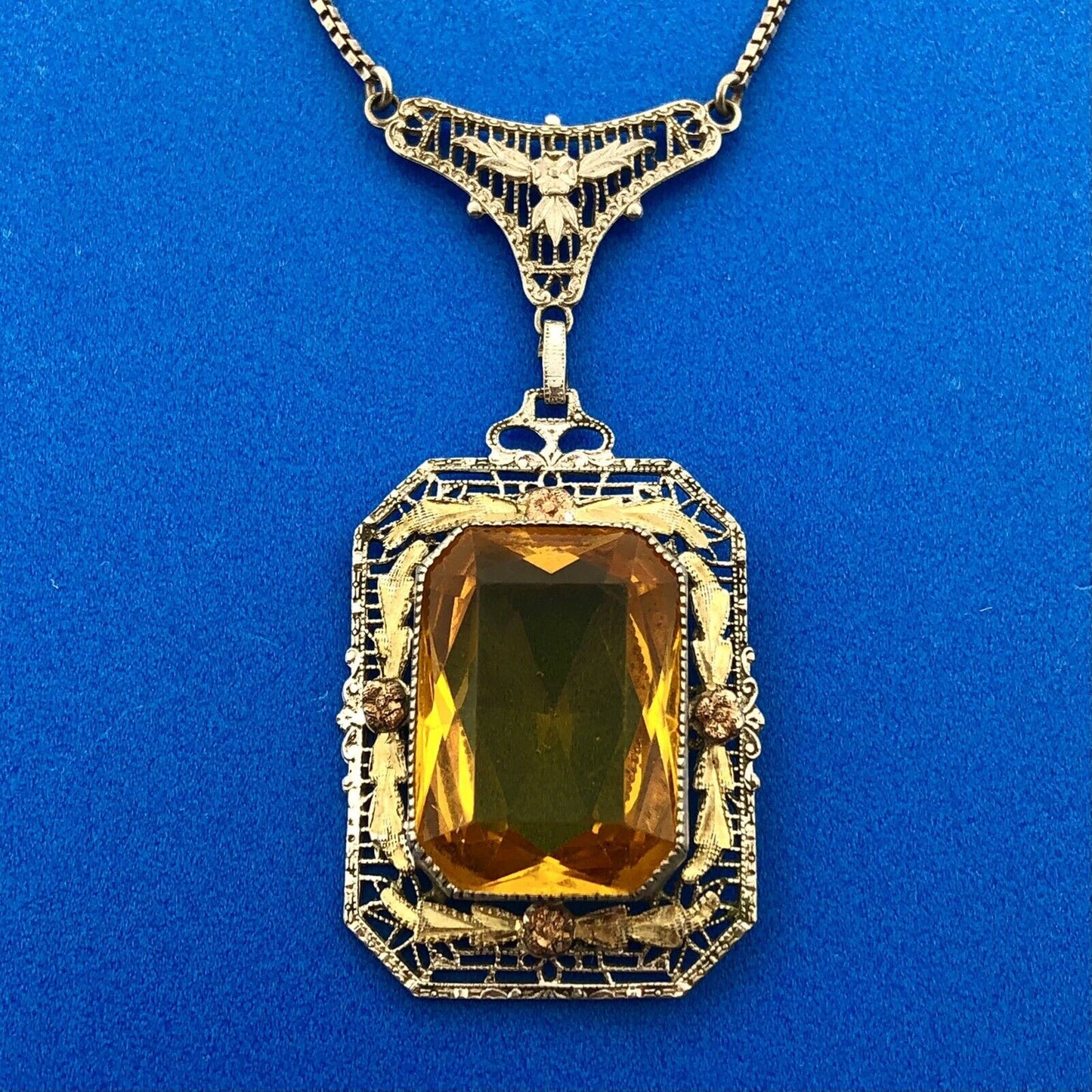Italy 925 Sterling Silver 14K Yellow Gold Lemon Quartz Filigree Floral Necklace