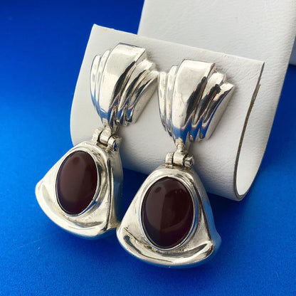 Vintage Taxco TR-126 Sterling 925 Silver Oval Carnelian Cabochon Dangle Earrings