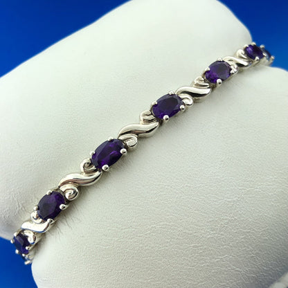 Sterling Silver 925 Oval Amethyst S Link February Anniversary Tennis Bracelet