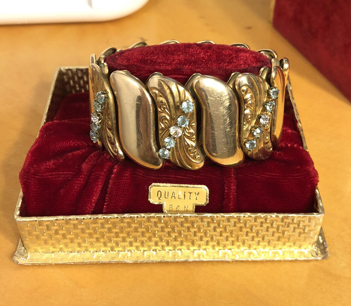 Antique B & N Gold Filled Rhinestone Expandable Wide Cuff Bracelet Original Box