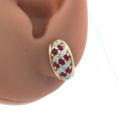 Designer 14K Yellow Gold Round Ruby Diamond Textured Oval Stud Earrings