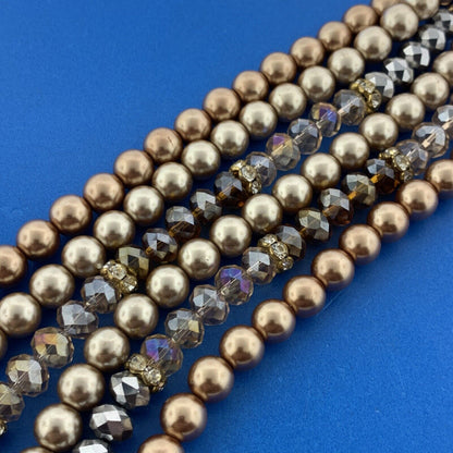 Gold Tone Faux Pearl Crystal Bead Faceted Glass Pendant Statement Necklace