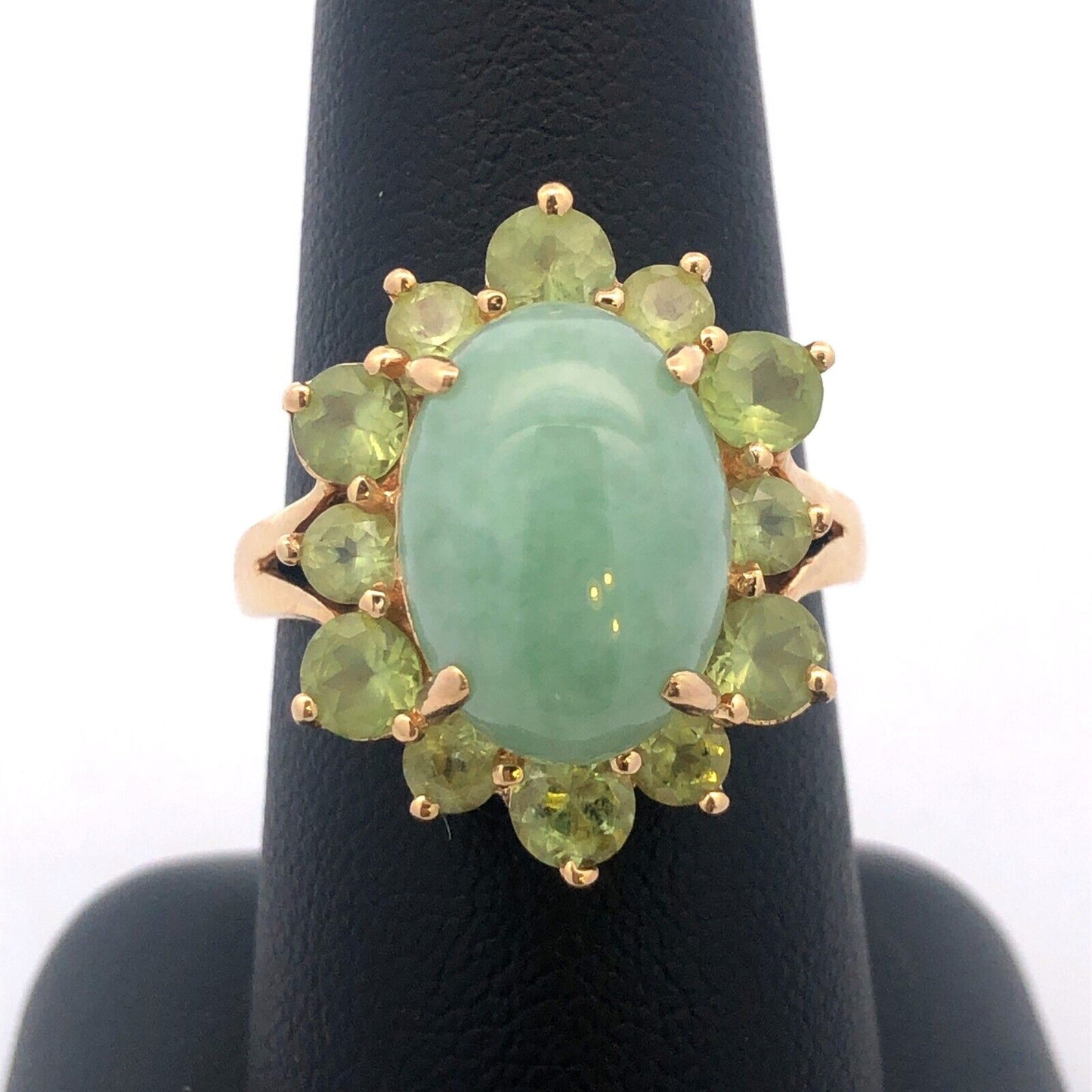 Designer EA 14K Yellow Gold Jade Cabochon Peridot Halo August Anniversary Ring