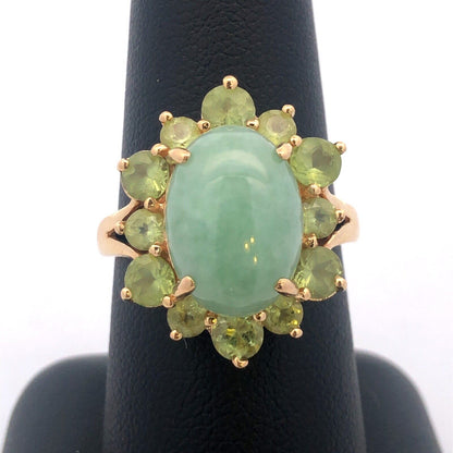 Designer EA 14K Yellow Gold Jade Cabochon Peridot Halo August Anniversary Ring