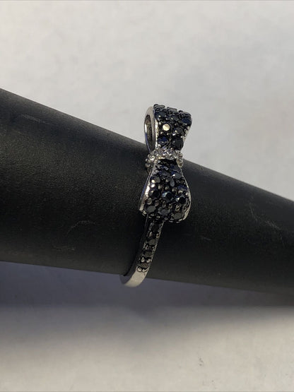 Estate 925 Sterling Silver Faceted Black Onyx Cubic Zirconia 3D Bow Ring