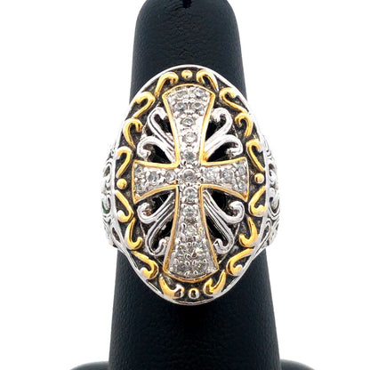Designer 925 Sterling Silver Gold Tone Accents CZ Open Work Cross Statement Ring