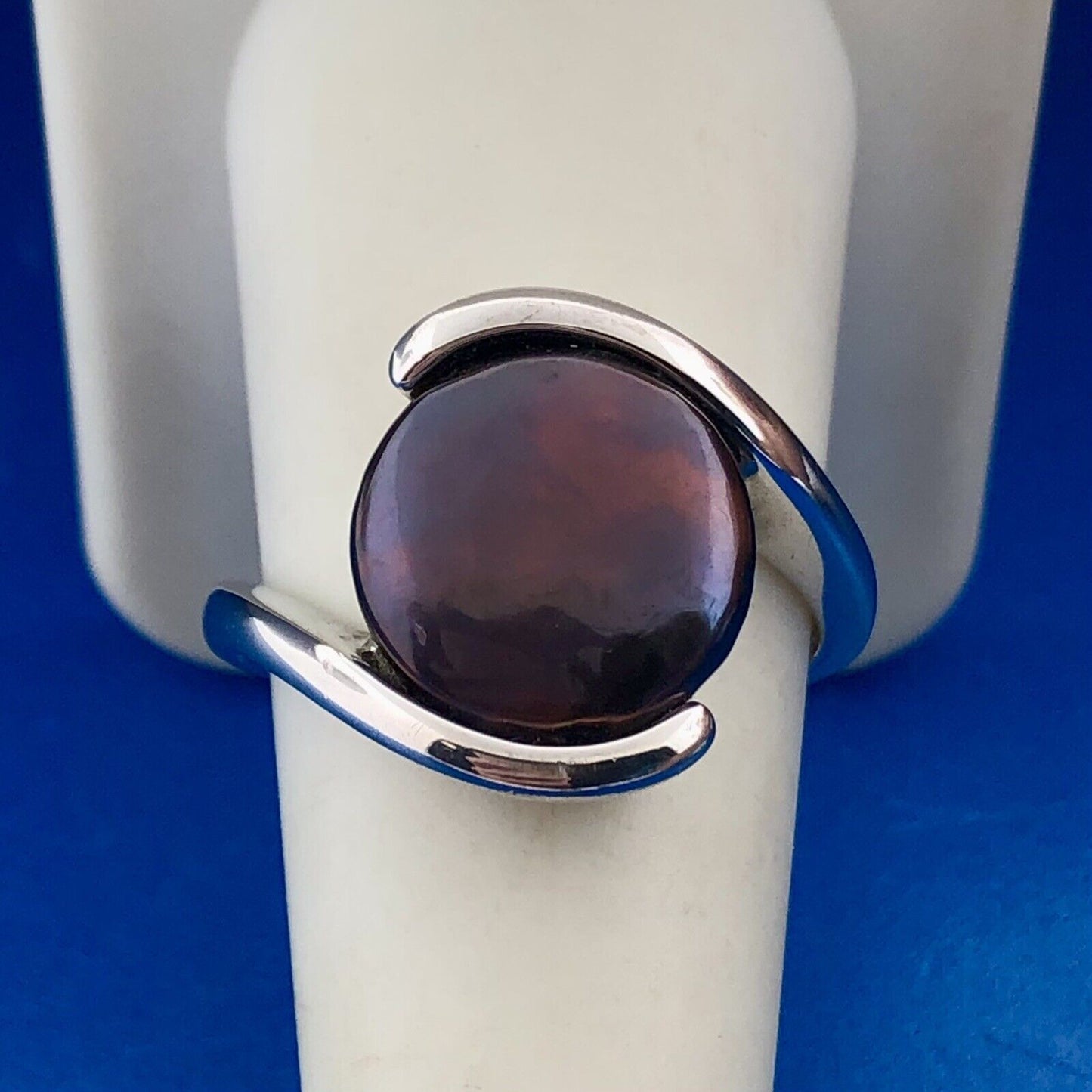 Designer 925 Sterling Silver Burgundy Abalone Cabochon Modernist Bypass Ring
