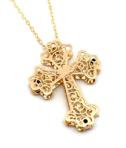 Estate Italy 14K Yellow Gold Open Work Scroll Cross Pendant Necklace