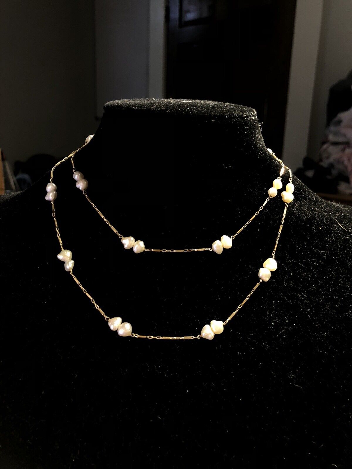 Estate 14K Yellow Gold White Pearl Beaded Bar Link Chain Layering Necklace