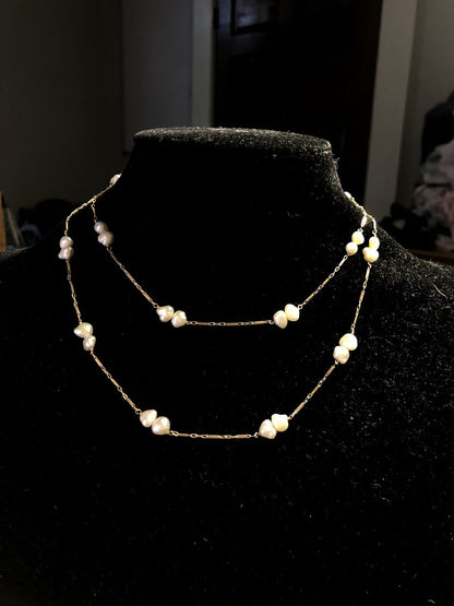 Estate 14K Yellow Gold White Pearl Beaded Bar Link Chain Layering Necklace