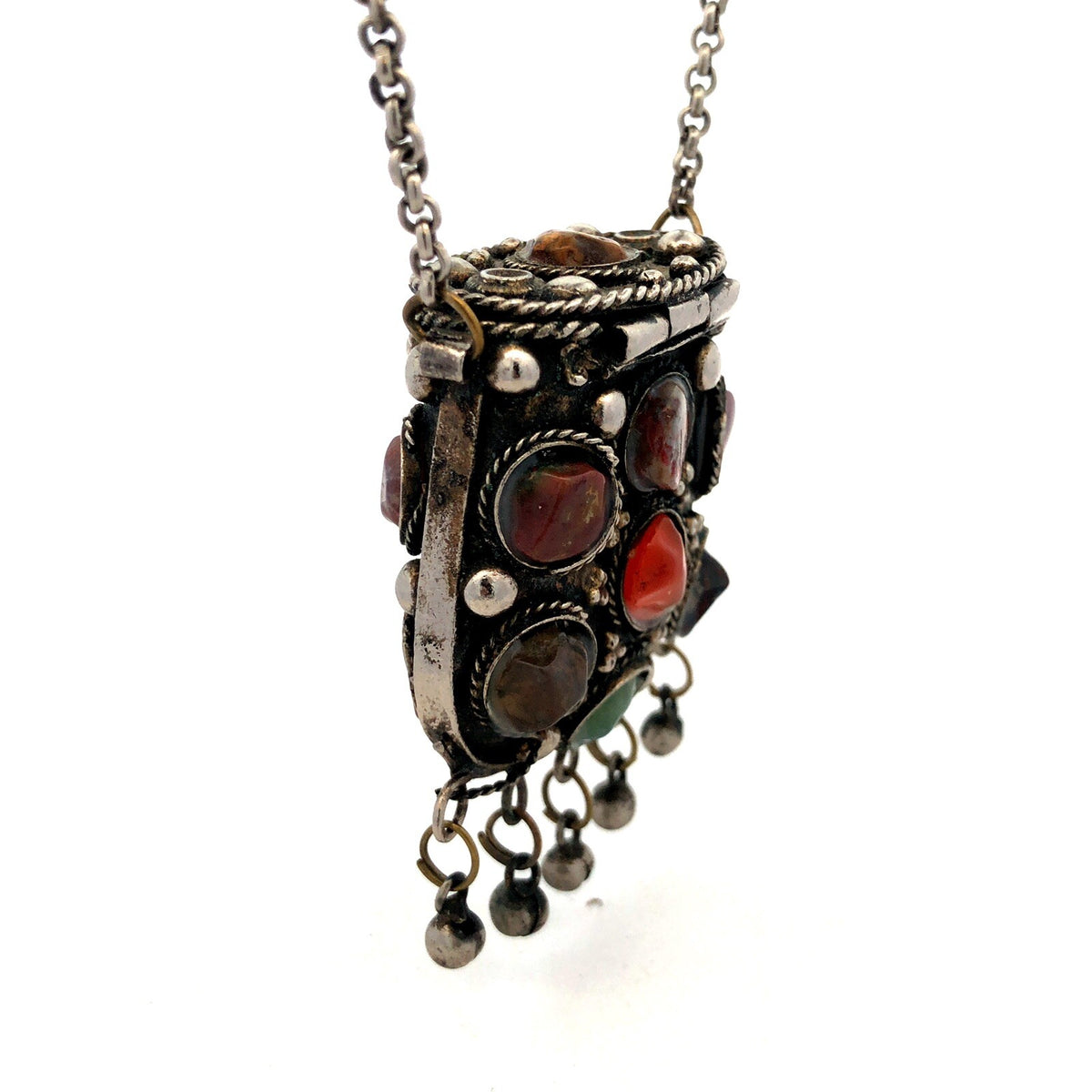 Vintage Sajai Metal Mixed Gemstone Silver Tone Prayer Box Coin Purse Necklace
