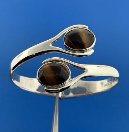 Mexican Sterling Silver 925 Tiger Eye's Quartz Bypass 6" Hinged Cuff Bracelet