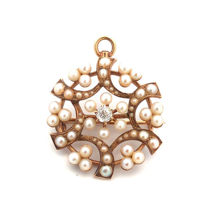 Vintage 14k Yellow Gold Diamond Seed Pearl Spiral Cluster Brooch Pendant