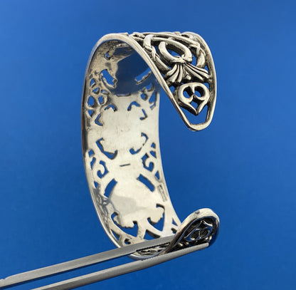 Artisan Sterling Silver Cubic Zirconia Open Scroll Work Statement Cuff Bracelet