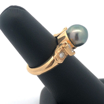 Estate 14K Yellow Gold Black Pearl Diamond Accented Statement Cocktail Ring