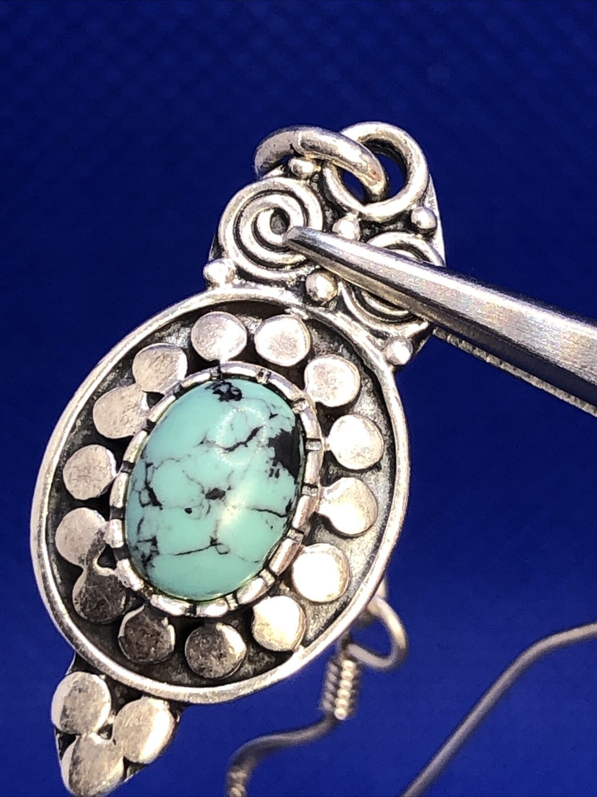 Native American Signed 925 sterling Silver Blue Turquoise Dangle Hook Earrings