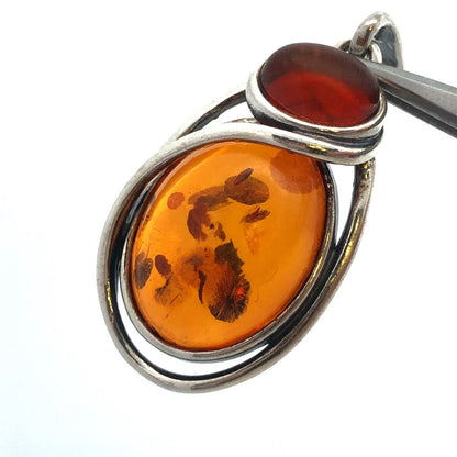 Estate Vintage 925 Sterling Silver Amber Cabochon Modernist Dangle Drop Earrings