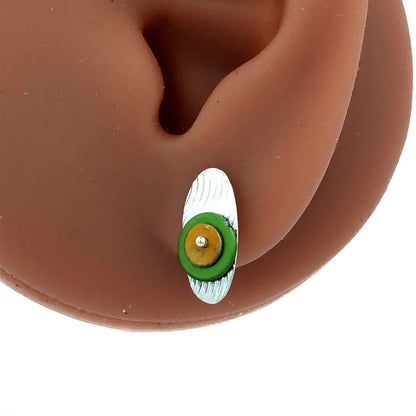 Vintage Hut 925 Sterling Silver Green Yellow Modernist Oval Stud Earrings