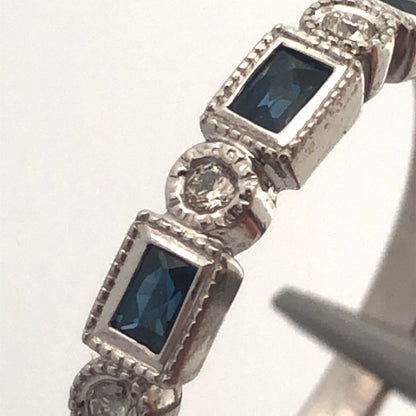 18K White Gold Emerald Cut Sapphire Round Diamond Stackable Anniversary Ring