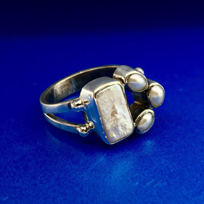 Sterling Silver 925 Freshwater Pearl Mother Of Pearl Cabochon Free Form Ring