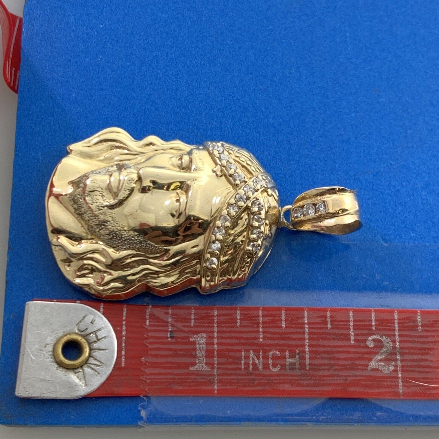 Designer 10K Yellow Gold Cubic Zirconia CZ Statement Christ's Head Pendant