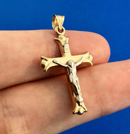 Vintage Designer 10K Yellow White Gold Crucifix Cross Religious Charm Pendant