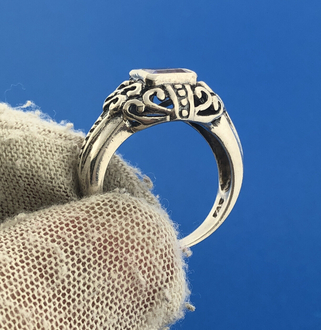 Vintage FAS 925 Sterling Silver Amethyst Open Scroll February Anniversary Ring