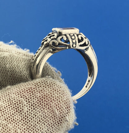 Vintage FAS 925 Sterling Silver Amethyst Open Scroll February Anniversary Ring