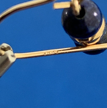 Designer 14K Yellow Gold Lapis Lazuli Bead & Gold Ball Drop Dangle Hook Earrings