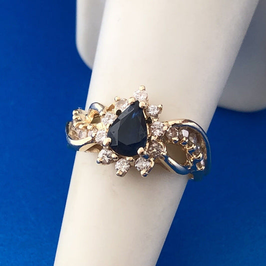 Retro Designer 14K Yellow Gold Sapphire Pear Diamond Halo Accented Cocktail Ring
