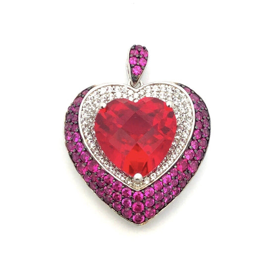 Designer PAM 925 Sterling Silver Red Pink Spinel Diamond Heart Statement Pendant