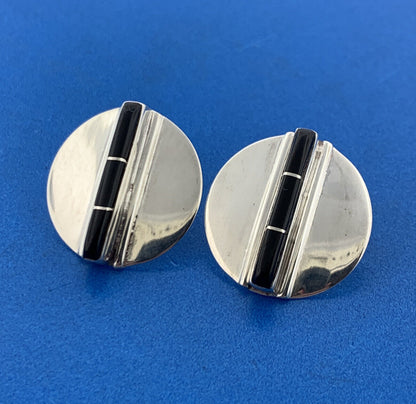 Designer Jeme V 925 Sterling Silver Black Onyx Cabochon Concho Stud Earrings