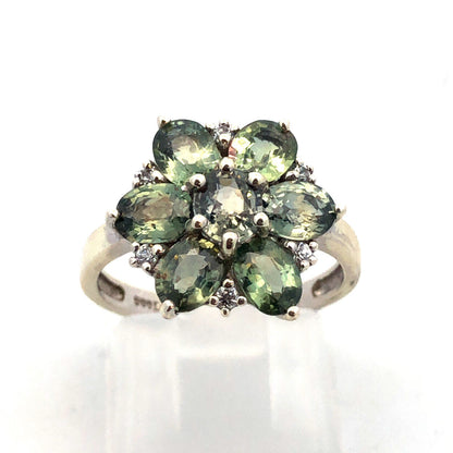Designer TGGC 10K White Gold Oval Green Topaz Round Diamond Accent Cocktail Ring