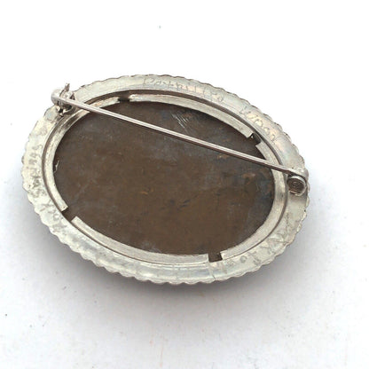Vintage Southwest Silver Tone Petrified Wood Cabochon Brooch Earrings 3 Pc Set