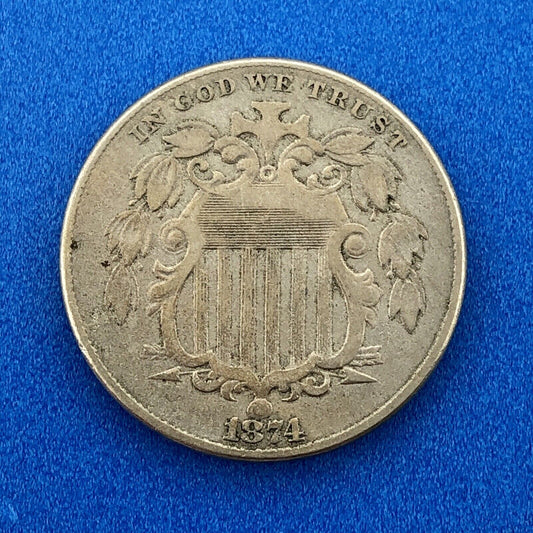 1874 P Shield Nickel Variety 2 Scarce Rare Better Key Philadelphia Mint Coin