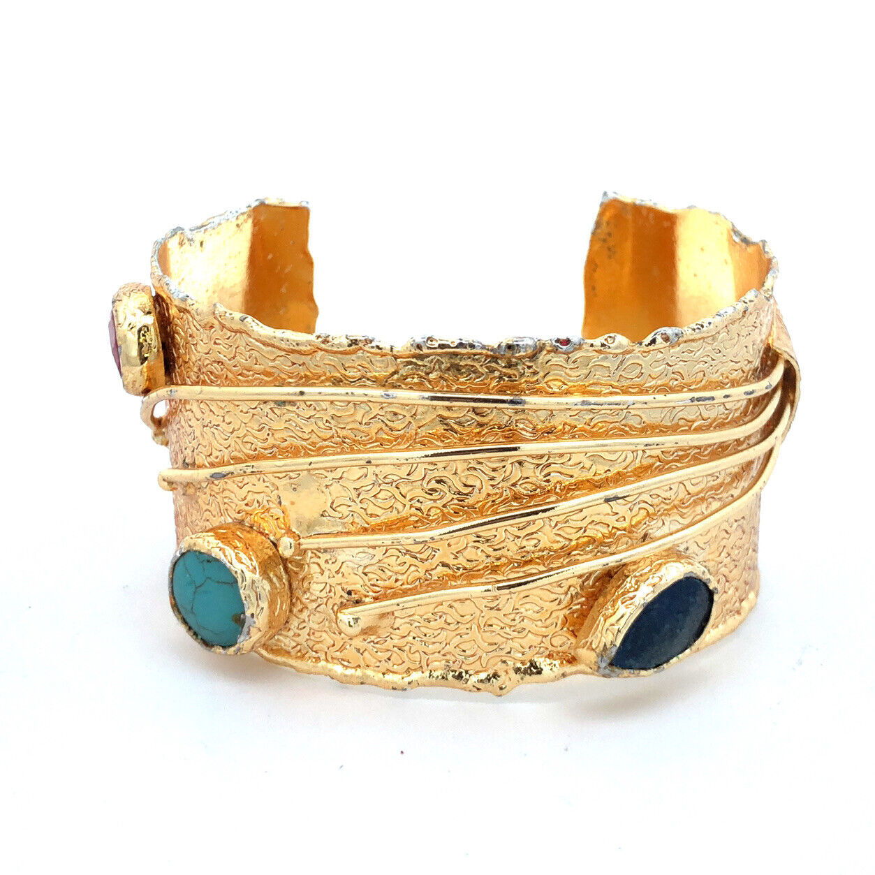 Retro Gold Tone Lapis Lazuli Turquoise Pink Tourmaline Wide Open Cuff Bracelet