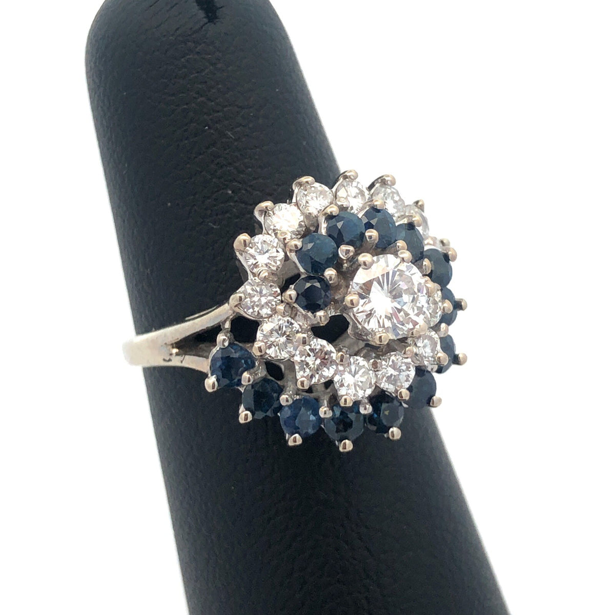 Designer 14K White Gold Diamond Solitaire W/Sapphire Diamond Accents Spiral Ring