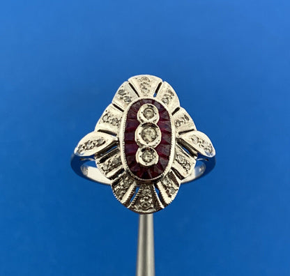 14K White Gold Art Deco WMJ Ruby Diamond Accented Engagement Cocktail Ring