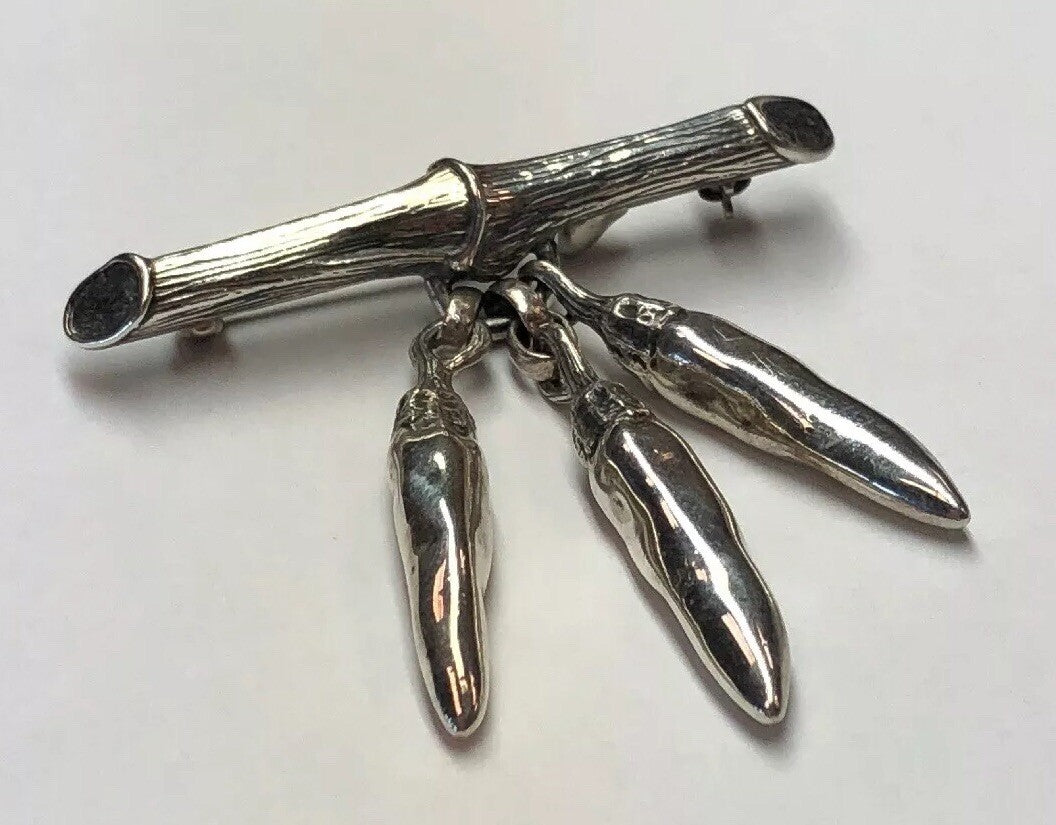 Vintage Mignon Faget Sterling Silver Bamboo Chili Peppers Charm Pin Brooch Rare