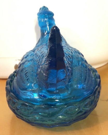 Vintage Blue Aqua Teal Glass Chicken w/Chicks Candy Trinket Dish With Lid