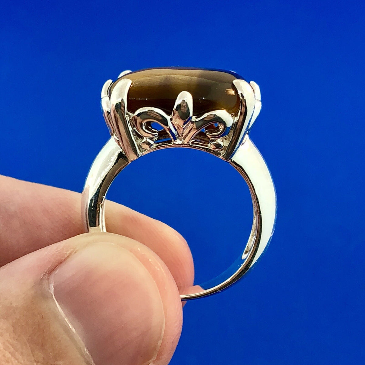 Designer 925 Sterling Silver Square Tigers Eye Fleur De Lis Statement Ring