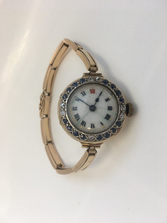 Ladies Vintage Victorian 14K Yellow Gold Diamond Sapphire Watch Adjusting Band