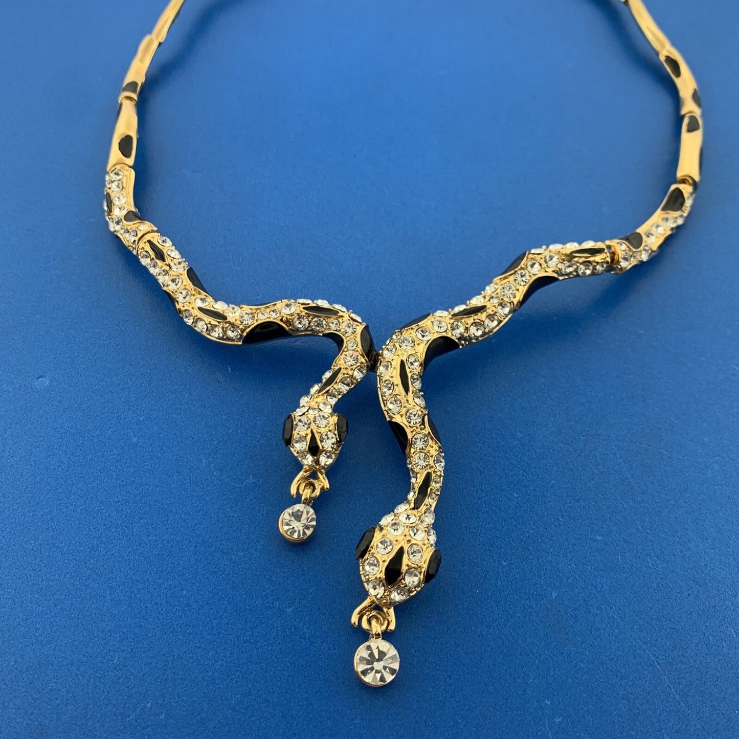 Gold Tone Black Enamel Rhinestone Runway Double Snake Necklace Earrings Set